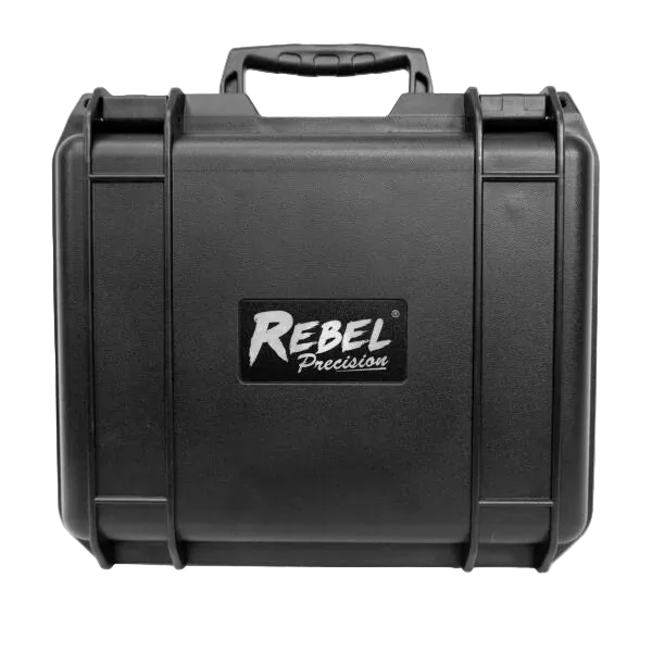 Black hard-shell case with 'Rebel Precision' logo on a white background
